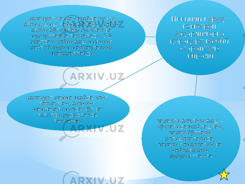 Иккинчи гуруҳ – гемотроп заҳарлиларга қорақурт ва бий (тарантул) киради қорақурт ҳамма жойда кенг тарқалган, бизнинг мамлакатимизда чўл ва тоғолди ҳудудларда тарқалган заҳарли безлари бош – кўкрагида жойлашган, заҳар йўллари ҳелицераларида, заҳари геморрагин ва нейротоксин хусусиятга эгақорақурт чаққан жойда кучли оғриқ, шиш пайдо бўлади, кейин оғриқ бўғимлар, суяклар ва мускулларга тарқалади, 1-2 соатдан кейин бош миянинг ҳаётий муҳим марказларини жароҳатлайди 