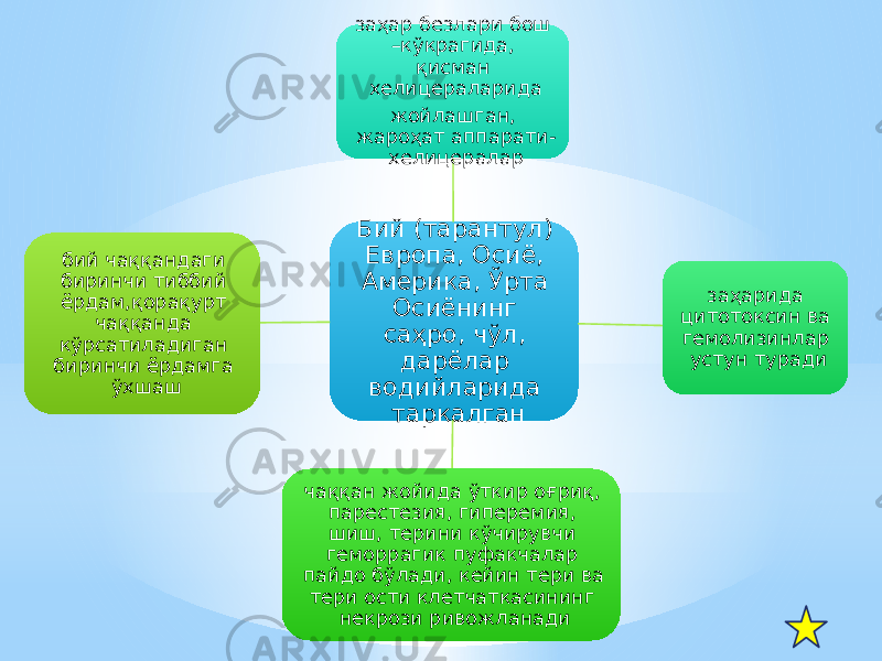 Бий (тарантул) Европа, Осиё, Америка, Ўрта Осиёнинг саҳро, чўл, дарёлар водийларида тарқалганзаҳар безлари бош –кўкрагида, қисман хелицераларида жойлашган, жароҳат аппарати- хелицералар заҳарида цитотоксин ва гемолизинлар устун туради чаққан жойида ўткир оғриқ, парестезия, гиперемия, шиш, терини кўчирувчи геморрагик пуфакчалар пайдо бўлади, кейин тери ва тери ости клетчаткасининг некрози ривожланадибий чаққандаги биринчи тиббий ёрдам,қорақурт чаққанда кўрсатиладиган биринчи ёрдамга ўхшаш 