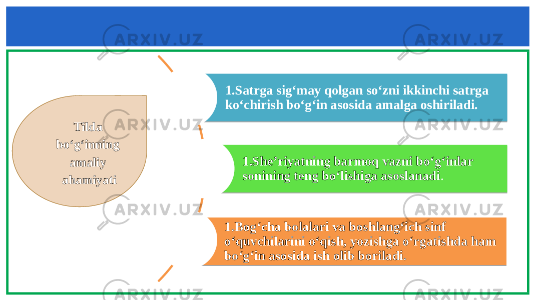 Tilda bo‘g‘inning amaliy ahamiyati 1. Satrga sig ‘may qolgan so‘zni ikkinchi satrga ko‘chirish bo‘g‘in asosida amalga oshiriladi. 1. She’riyatning barmoq vazni bo ‘g‘inlar sonining teng bo‘lishiga asoslanadi . 1. Bog ‘cha bolalari va boshlang‘ich sinf o‘quvchilarini o‘qish, yozishga o‘rgatishda ham bo‘g‘in asosida ish olib boriladi.2425 20 0915 0D 2425 20 09 1C 02 2425 360819 09 080938 0B 