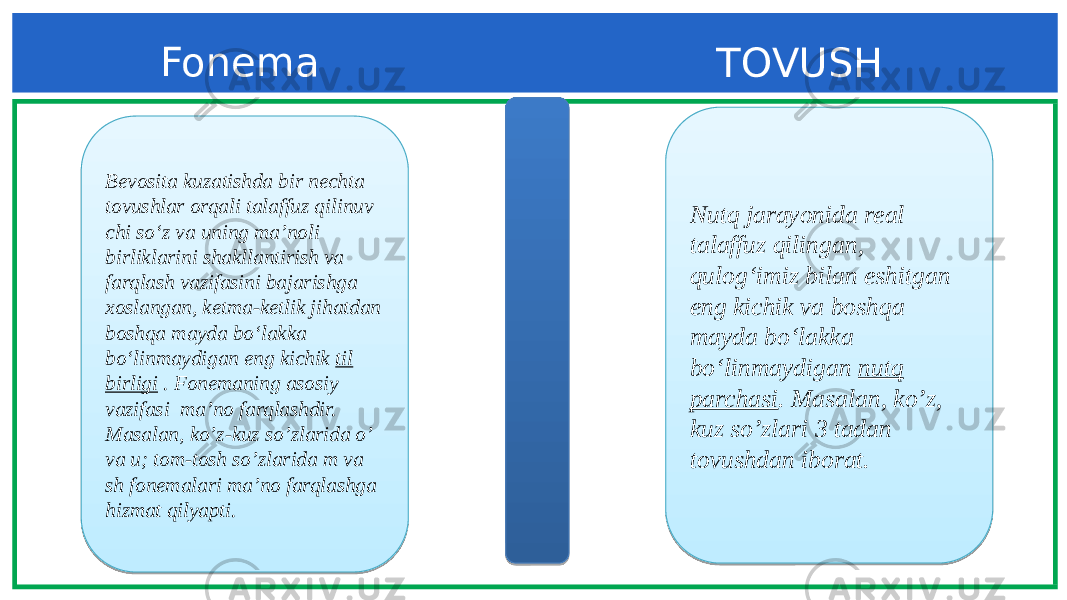 Fonema TOVUSH Bevosita kuzatishda bir nechta tovushlar orqali talaffuz qilinuv chi so‘z va uning ma’noli birliklarini shakllantirish va farqlash vazi fasini bajarishga xoslangan, ketma-ketlik jihatdan boshqa may da bo‘ lakka bo‘linmaydigan eng kichik til birligi . Fonemaning asosiy vazifasi ma’no farqlashdir. Masalan, ko’z-kuz so’zlarida o’ va u; tom-tosh so’zlarida m va sh fonemalari ma’no farqlashga hizmat qilyapti. Nutq jarayonida real talaffuz qilingan, qulog‘imiz bilan eshitgan eng kichik va boshqa mayda bo‘lakka bo‘linmaydigan nutq parchasi . Masalan, ko’z, kuz so’zlari 3 tadan tovushdan iborat. 01 0709 12 0F06 15 0915 1B 0F0405 090E08 0913 0F0416 07 0F06 09 1F 03 21 03 05 0D06 24 070813 140B13041716 021117 18 0F0416 110B071409 230810 1F 0A0B0C 0704030B05 