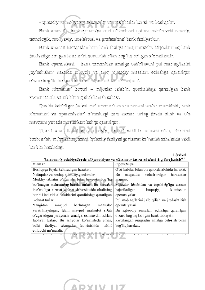 - iqtisodiy va moliyaviy axborotlar va maslahatlar berish va boshqalar. Bank xizmati – bank operatsiyalarini o’tkazishni optimallashtiruvchi nazariy, texnologik, moliyaviy, intelektual va professional bank faoliyatidir. Bank xizmati haqiqatdan ham bank faoliyati majmuasidir. Mijozlarning bank faoliyatiga bo’lgan talablarini qondirish bilan bog’liq bo’lgan xizmatlardir. Bank operatsiyasi – bank tomonidan amalga oshiriluvchi pul mablag’larini joylashishini nazarda tutuvchi va aniq iqtisodiy masalani echishga qaratilgan o’zaro bog’liq bo’lgan bank va mijoz harakatlari majmui. Bank xizmatlari bozori – mijozlar talabini qondirishga qaratilgan bank xizmati talabi va taklifining shakllanish sohasi. Quyida keltirilgan jadval ma’lumotlaridan shu narsani sezish mumkinki, bank xizmatlari va operatsiyalari o’rtasidagi farq asosan uning foyda olish va o’z mavqeini yanada mustahkamlashga qaratilgan. Tijorat xizmatlarining namunaviy portfeli vakillik munosabatlar, risklarni boshqarish, mijozlarning tashqi iqtisodiy faoliyatiga xizmat ko’rsatish sohalarida vakil banklar hisobidagi 