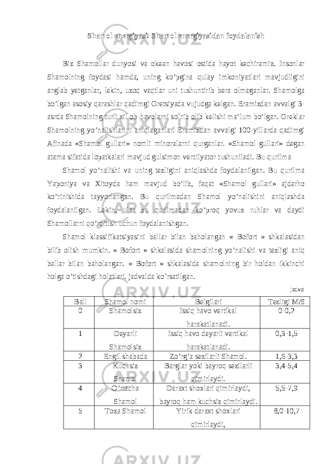 Shamol energiyasi. Shamol energiyasidan foydalanish Biz Shamollar dunyosi va okean havosi ostida hayot kechiramiz. Insonlar Shamolning foydasi hamda, uning ko’pgina qulay imkoniyatlari mavjudligini anglab yetganlar, lekin, uzoq vaqtlar uni tushuntirib bera olmaganlar. Shamolga bo’lgan asosiy qarashlar qadimgi Gretsiyada vujudga kelgan. Eramizdan avvalgi 3- asrda Shamolning turli xil ob-havolarni so`rib olib kelishi ma’lum bo’lgan. Greklar Shamolning yo’nalishlarini aniqlaganlar. Eramizdan avvalgi 100-yillarda qadimgi Afinada «Shamol gullari» nomli minoralarni qurganlar. «Shamol gullari» degan atama sifatida lopatkalari mavjud gulsimon ventilyator tushuniladi. Bu qurilma Shamol yo’nalishi va uning tezligini aniqlashda foydalanilgan. Bu qurilma Yaponiya va Xitoyda ham mavjud bo’lib, faqat «Shamol gullari» ajdarho ko’rinishida tayyorlangan. Bu qurilmadan Shamol yo’nalishini aniqlashda foydalanilgan. Lekin, ular bu qurilmadan ko’proq yovuz ruhlar va daydi Shamollarni qo’rqitish uchun foydalanishgan. Shamol klassifikatsiyasini ballar bilan baholangan « Bofort » shkalasidan bilib olish mumkin. « Bofort » shkalasida shamolning yo’nalishi va tezligi aniq ballar bilan baholangan. « Bofort » shkalasida shamolning bir holdan ikkinchi holga o’tishdagi holatlari. jadvalda ko`rsatilgan. jadval Ball Shamol nomi Belgilari Tezligi M/S 0 Shamolsiz Issiq havo vertikal harakatlanadi. 0-0,2 1 Deyarli Shamolsiz Issiq havo deyarli vertikal harakatlanadi. 0,3-1,5 2 Engil shabada Zo’rg’a sezilarli Shamol. 1,6-3,3 3 Kuchsiz Shamol Barglar yoki bayroq sezilarli qimirlaydi. 3,4-5,4 4 O’rtacha Shamol Daraxt shoxlari qimirlaydi, bayroq ham kuchsiz qimirlaydi. 5,5-7,9 5 Toza Shamol Yirik daraxt shoxlari qimirlaydi, 8,0-10,7 