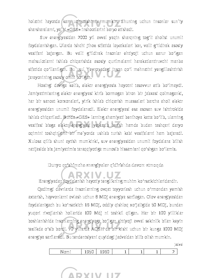 holatini hayotda kam uchratishimiz mumkin. Shuning uchun insonlar sun`iy sharsharalarni, ya`ni «GES» inshootlarini barpo etishadi. Suv energiyasidan 2000 yil avval yaqin sharqning tog’li aholisi unumli foydalanishgan. Ularda ishchi jihoz sifatida lopatkalari bor, valli g’ildirak asosiy vazifani bajargan. Bu valli g’ildirak insonlar ehtiyoji uchun zarur bo’lgan mahsulotlarni ishlab chiqarishda asosiy qurilmalarni harakatlantiruvchi manba sifatida qo’llanilgan. Bu usul Yevropadagi inson qo’l mehnatini yengillashtirish jarayonining asosiy omili bo’lgan. Hozirgi davrga kelib, elektr energiyasiz hayotni tasavvur etib bo’lmaydi. Jamiyatimizning elektr energiyasi kirib bormagan biron bir jabxasi qolmaganki, har bir sanoat korxonalari, yirik ishlab chiqarish muassalari barcha aholi elektr energiyasidan unumli foydalanadi. Elektr energiyasi esa asosan suv ishtirokida ishlab chiqariladi. Bunda «GES» larning ahamiyati benihoya katta bo’lib, ularning vazifasi bizga elektr energiyasi yetkazib berish hamda budan tashqari daryo oqimini toshqinlarni bir me`yorda ushlab turish kabi vazifalarni ham bajaradi. Xulosa qilib shuni aytish mumkinki, suv energiyasidan unumli foydalana bilish natijasida biz jamiyatimiz taraqqiyotiga munosib hissamizni qo’shgan bo’lamiz. Dunyo qo’shimcha energiyalar qidirishda davom etmoqda Energiyadan foydalanish hayotiy tenglikning muhim ko’rsatkichlaridandir. Qadimgi davrlarda insonlarning ovqat tayyorlash uchun o’rmondan yemish axtarish, hayvonlarni ovlash uchun 8 MDj energiya sarflagan. Olov energiyasidan foydalanigach bu ko’rsatkich 16 MDj, oddiy qishloq xo’jaligida 50 MDj, bundan yuqori rivojlanish hollarida 100 Mdj ni tashkil qilgan. Har bir 100 yilliklar boshlanishida insonlarning energiyaga bo’lgan ehtiyoji avval sekinlik bilan keyin tezlikda o’sib bordi. 70 yillarda AQSH da bir kishi uchun bir kunga 1000 MDj energiya sarflanadi. Bu tendentsiyani quyidagi jadvaldan bilib olish mumkin. jadval Nomi 1950 1960 1 1 1 2 