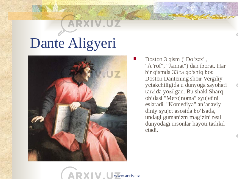 Dante Aligyeri  Doston 3 qism (&#34;Doʻzax&#34;, &#34;Aʼrof&#34;, &#34;Jannat&#34;) dan iborat. Har bir qismda 33 ta qoʻshiq bor. Doston Dantening shoir Vergiliy yetakchiligida u dunyoga sayohati tarzida yozilgan. Bu shakl Sharq obidasi &#34;Merojnoma&#34; syujetini eslatadi. &#34;Komediya&#34; anʼanaviy diniy syujet asosida boʻlsada, undagi gumanizm magʻzini real dunyodagi insonlar hayoti tashkil etadi. www.arxiv.uz 