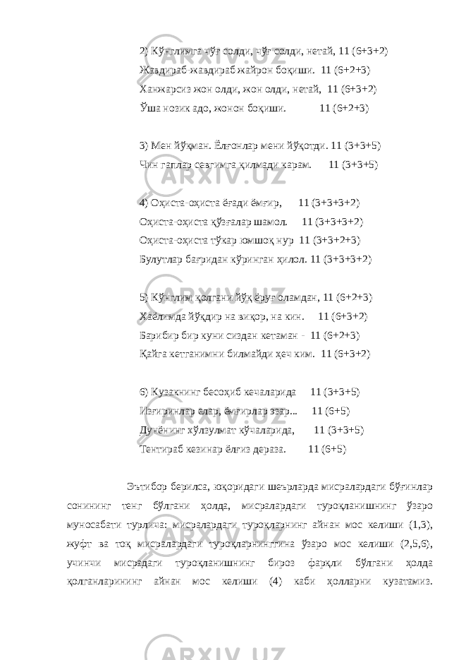 2) Кўнглимга чў ғ солди, чў ғ солди, нетай, 11 (6+3+2) Жавдираб-жавдираб жайрон боқиши. 11 (6+2+3) Ханжарсиз жон олди, жон олди, нетай, 11 (6+3+2) Ўша нозик адо, жонон боқиши. 11 (6+2+3) 3) Мен йўқман. Ёл ғ онлар мени йўқотди. 11 (3+3+5) Чин гаплар севгимга қилмади карам. 11 (3+3+5) 4) Оҳиста-оҳиста ё ғ ади ём ғ ир, 11 (3+3+3+2) Оҳиста-оҳиста қўз ғ алар шамол. 11 (3+3+3+2) Оҳиста-оҳиста тўкар юмшоқ нур 11 (3+3+2+3) Булутлар ба ғ ридан кўринган ҳилол. 11 (3+3+3+2) 5) Кўнглим қолгани йўқ ёру ғ оламдан, 11 (6+2+3) Хаёлимда йўқдир на виқор, на кин. 11 (6+3+2) Барибир бир куни сиздан кетаман - 11 (6+2+3) Қайга кетганимни билмайди ҳеч ким. 11 (6+3+2) 6) Кузакнинг бесоҳиб кечаларида 11 (3+3+5) Из ғ иринлар елар, ём ғ ирлар эзар... 11 (6+5) Дунёнинг хўлзулмат кўчаларида, 11 (3+3+5) Тентираб кезинар ёл ғ из дераза. 11 (6+5) Эътибор берилса, юқоридаги шеърларда мисралардаги бўғинлар сонининг тенг бўлгани ҳолда, мисралардаги туроқланишнинг ўзаро муносабати турлича: мисралардаги туроқларнинг айнан мос келиши (1,3), жуфт ва тоқ мисралардаги туроқларнинггина ўзаро мос келиши (2,5,6), учинчи мисрадаги туроқланишнинг бироз фарқли бўлгани ҳолда қолганларининг айнан мос келиши (4) каби ҳолларни кузатамиз. 