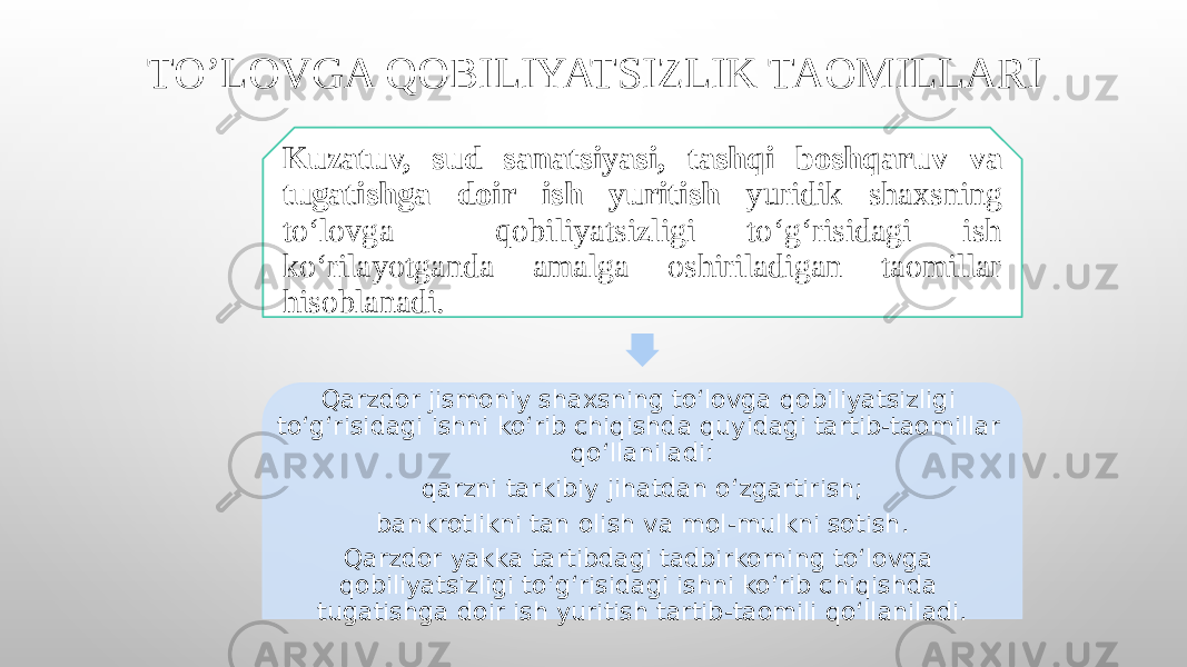 TO’LOVGA QOBILIYATSIZLIK TAOMILLARI Kuzatuv, sud sanatsiyasi, tashqi boshqaruv va tugatishga doir ish yuritish yuridik shaxsning toʻlovga qobiliyatsizligi toʻgʻrisidagi ish koʻrilayotganda amalga oshiriladigan taomillar hisoblanadi. Qarzdor jismoniy shaxsning to‘lovga qobiliyatsizligi to‘g‘risidagi ishni ko‘rib chiqishda quyidagi tartib-taomillar qo‘llaniladi: qarzni tarkibiy jihatdan o‘zgartirish; bankrotlikni tan olish va mol-mulkni sotish. Qarzdor yakka tartibdagi tadbirkorning to‘lovga qobiliyatsizligi to‘g‘risidagi ishni ko‘rib chiqishda tugatishga doir ish yuritish tartib-taomili qo‘llaniladi. 