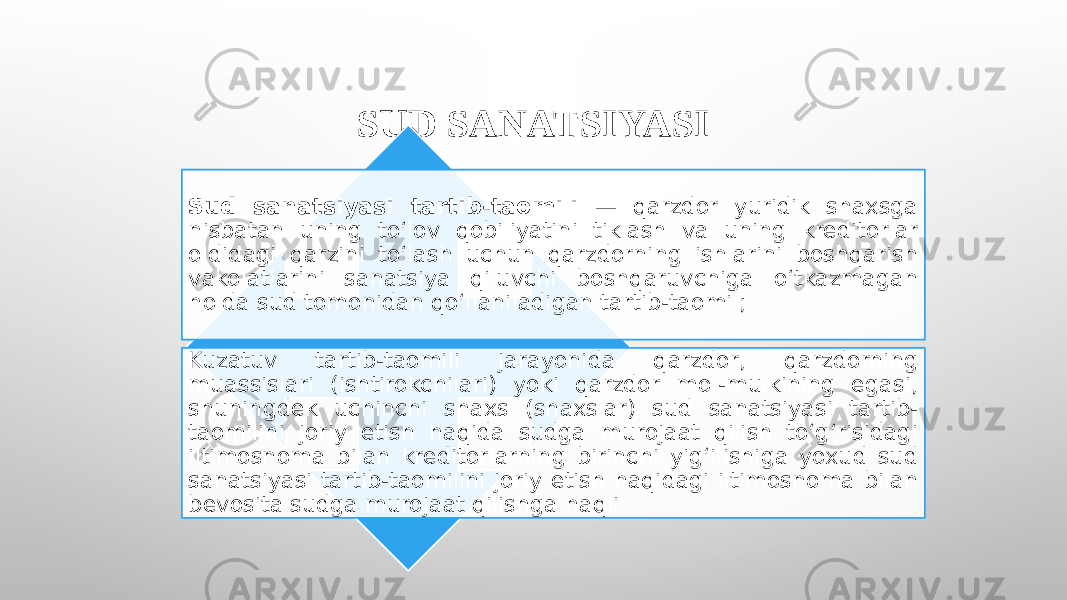 SUD SANATSIYASI Sud sanatsiyasi tartib-taomili — qarzdor yuridik shaxsga nisbatan uning to‘lov qobiliyatini tiklash va uning kreditorlar oldidagi qarzini to‘lash uchun qarzdorning ishlarini boshqarish vakolatlarini sanatsiya qiluvchi boshqaruvchiga o‘tkazmagan holda sud tomonidan qo‘llaniladigan tartib-taomil; Kuzatuv tartib-taomili jarayonida qarzdor, qarzdorning muassislari (ishtirokchilari) yoki qarzdor mol-mulkining egasi, shuningdek uchinchi shaxs (shaxslar) sud sanatsiyasi tartib- taomilini joriy etish haqida sudga murojaat qilish to‘g‘risidagi iltimosnoma bilan kreditorlarning birinchi yig‘ilishiga yoxud sud sanatsiyasi tartib-taomilini joriy etish haqidagi iltimosnoma bilan bevosita sudga murojaat qilishga haqli 