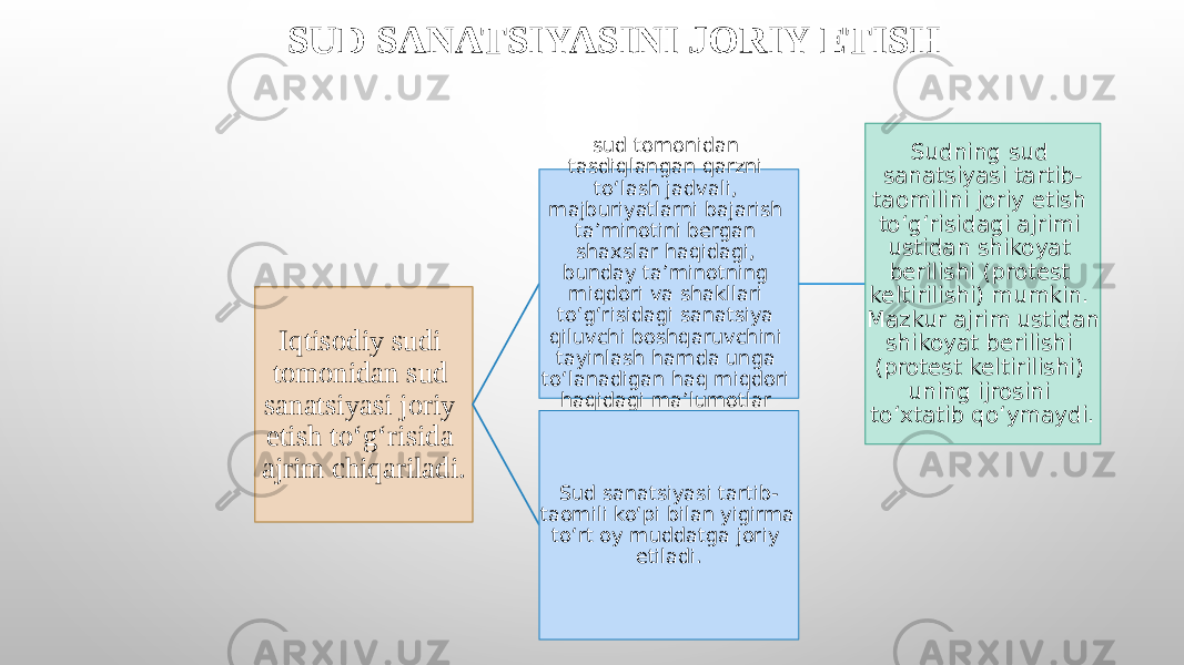 Iqtisodiy sudi tomonidan sud sanatsiyasi joriy etish toʻgʻrisida ajrim chiqariladi. sud tomonidan tasdiqlangan qarzni to‘lash jadvali, majburiyatlarni bajarish ta’minotini bergan shaxslar haqidagi, bunday ta’minotning miqdori va shakllari to‘g‘risidagi sanatsiya qiluvchi boshqaruvchini tayinlash hamda unga to‘lanadigan haq miqdori haqidagi ma’lumotlar bo‘lishi kerak. Sudning sud sanatsiyasi tartib- taomilini joriy etish to‘g‘risidagi ajrimi ustidan shikoyat berilishi (protest keltirilishi) mumkin. Mazkur ajrim ustidan shikoyat berilishi (protest keltirilishi) uning ijrosini to‘xtatib qo‘ymaydi. Sud sanatsiyasi tartib- taomili ko‘pi bilan yigirma to‘rt oy muddatga joriy etiladi.SUD SANATSIYASINI JORIY ETISH 