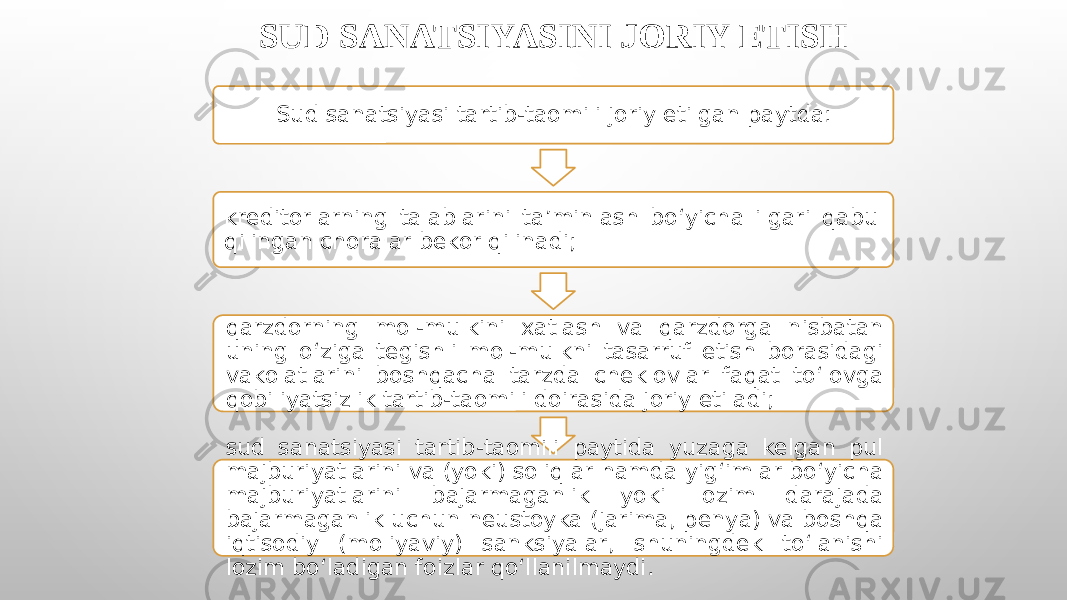 SUD SANATSIYASINI JORIY ETISH Sud sanatsiyasi tartib-taomili joriy etilgan paytda: kreditorlarning talablarini ta’minlash bo‘yicha ilgari qabul qilingan choralar bekor qilinadi; qarzdorning mol-mulkini xatlash va qarzdorga nisbatan uning o‘ziga tegishli mol-mulkni tasarruf etish borasidagi vakolatlarini boshqacha tarzda cheklovlar faqat to‘lovga qobiliyatsizlik tartib-taomili doirasida joriy etiladi; sud sanatsiyasi tartib-taomili paytida yuzaga kelgan pul majburiyatlarini va (yoki) soliqlar hamda yig‘imlar bo‘yicha majburiyatlarini bajarmaganlik yoki lozim darajada bajarmaganlik uchun neustoyka (jarima, penya) va boshqa iqtisodiy (moliyaviy) sanksiyalar, shuningdek to‘lanishi lozim bo‘ladigan foizlar qo‘llanilmaydi. 