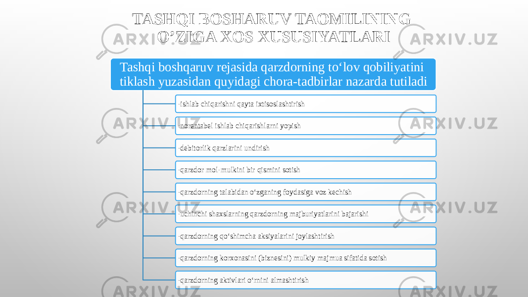 TASHQI BOSHARUV TAOMILINING O’ZIGA XOS XUSUSIYATLARI Tashqi boshqaruv rejasida qarzdorning toʻlov qobiliyatini tiklash yuzasidan quyidagi chora-tadbirlar nazarda tutiladi -ishlab chiqarishni qayta ixtisoslashtirish -norentabel ishlab chiqarishlarni yopish -debitorlik qarzlarini undirish -qarzdor mol-mulkini bir qismini sotish -qarzdorning talabidan oʻzganing foydasiga voz kechish -uchinchi shaxslarning qarzdorning majburiyatlarini bajarishi -qarzdorning qoʻshimcha aksiyalarini joylashtirish -qarzdorning korxonasini (biznesini) mulkiy majmua sifatida sotish -qarzdorning aktivlari oʻrnini almashtirish 