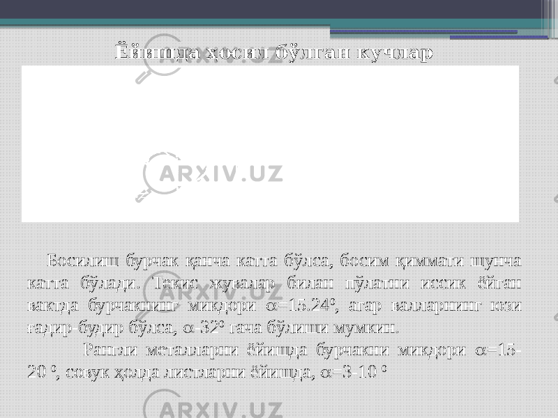 Ёйишда ҳосил бўлган кучлар Босилиш бурчак қанча катта бўлса, босим қиммати шунча катта бўлади. Текис жувалар билан пўлатни иссик ёйган вактда бурчакнинг микдори  =15.24 0 , агар валларнинг юзи ғадир-будир бўлса,  -32 0 гача бўлиши мумкин. Рангли металларни ёйишда бурчакни микдори  =15- 20 0 , совук ҳолда листларни ёйишда,  =3-10 0 