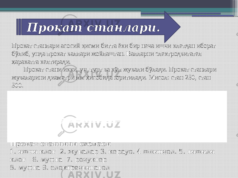 Прокат станлари. Прокат станлари асосий қисми битта ёки бир неча ишчи клетдан иборат бўлиб, унда прокат валлари жойлашган. Валларни электродвигател ҳаракатга келтиради. Прокат стани икки, уч, турт ва кўп жували бўлади. Прокат станлари жуваларини диаметри мм ҳисобида юритилади. Мисол: стан 250, стан 500. Прокат станнини схемаси 1. ишчи клет 2. жувалар 3. кораус. 4 шпиндел. 5. тишили клет 6. муфта 7. редуктор 8. муфта 9. электродвигател 