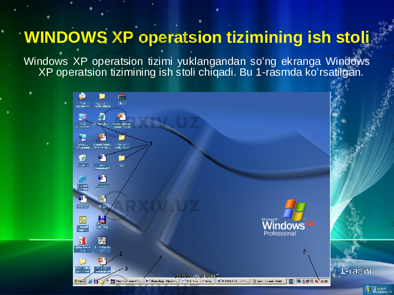 WINDOWS XP operatsion tizimining ish stoli Windows XP operatsion tizimi yuklangandan so’ng ekranga Windows XP operatsion tizimining ish stoli chiqadi. Bu 1-rasmda ko’rsatilgan. 1-rasm www.arxiv.uz 