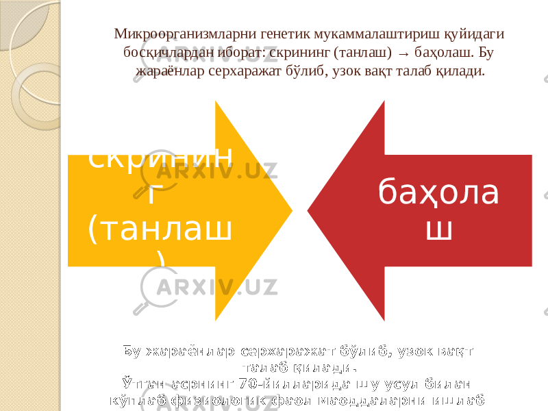 Микроорганизмларни генетик мукаммалаштириш қуйидаги босқичлардан иборат: скрининг (танлаш) → баҳолаш. Бу жараёнлар серхаражат бўлиб, узок вақт талаб қилади. скринин г (танлаш ) баҳола ш Бу жараёнлар серхаражат бўлиб, узок вақт талаб қилади. Ўтган асрнинг 70-йилларида шу усул билан кўплаб физиологик фаол маоддаларни ишлаб чиқариш самарадорлиги оширилган. 