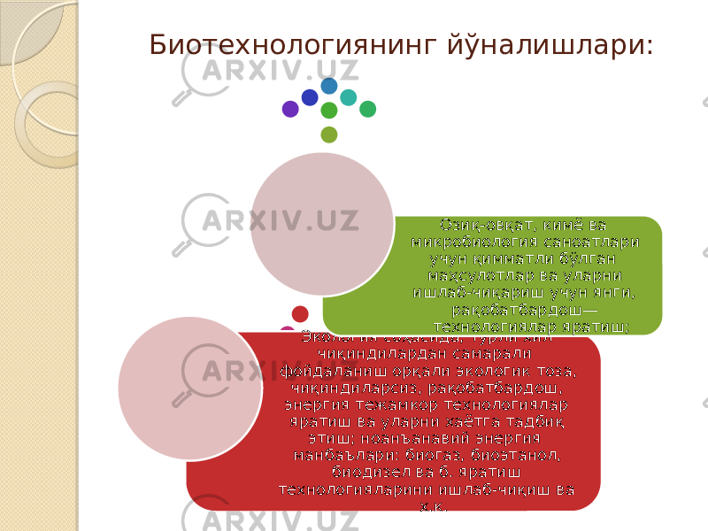 Биотехнологиянинг йўналишлари: Экология соҳасида, турли хил чиқиндилардан самарали фойдаланиш орқали экологик тоза, чиқиндиларсиз, рақобатбардош, энергия тежамкор технологиялар яратиш ва уларни хаётга тадбиқ этиш; ноанъанавий энергия манбаълари: биогаз, биоэтанол, биодизел ва б. яратиш технологияларини ишлаб-чиқиш ва х.к. Озиқ-овқат, кимё ва микробиология саноатлари учун қимматли бўлган маҳсулотлар ва уларни ишлаб-чиқариш учун янги, рақобатбардош— технологиялар яратиш; 