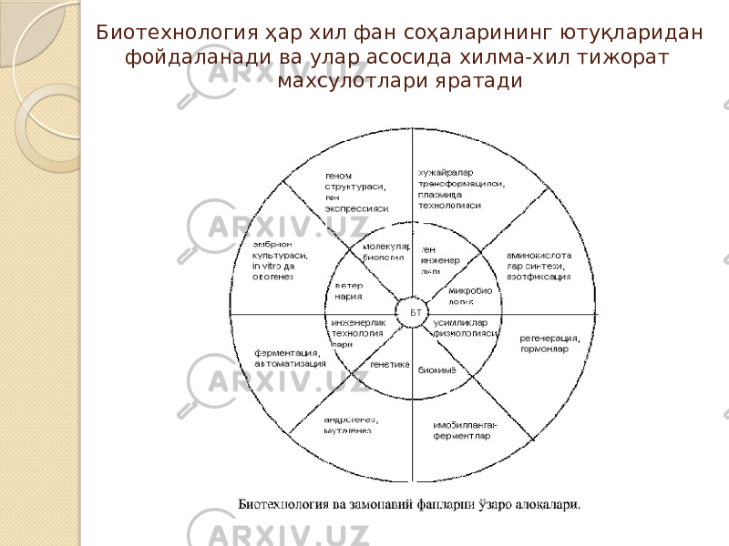 Биотехнология ҳар хил фан соҳаларининг ютуқларидан фойдаланади ва улар асосида хилма-хил тижорат махсулотлари яратади 