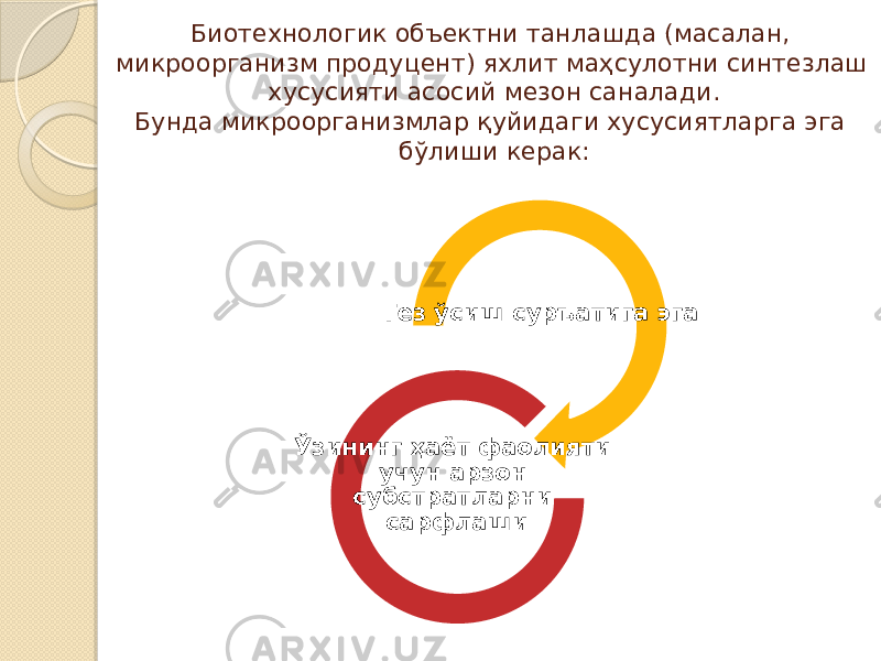 Биотехнологик объектни танлашда (масалан, микроорганизм продуцент) яхлит маҳсулотни синтезлаш хусусияти асосий мезон саналади. Бунда микроорганизмлар қуйидаги хусусиятларга эга бўлиши керак: Тез ўсиш суръатига эга Ўзининг ҳаёт фаолияти учун арзон субстратларни сарфлаши 