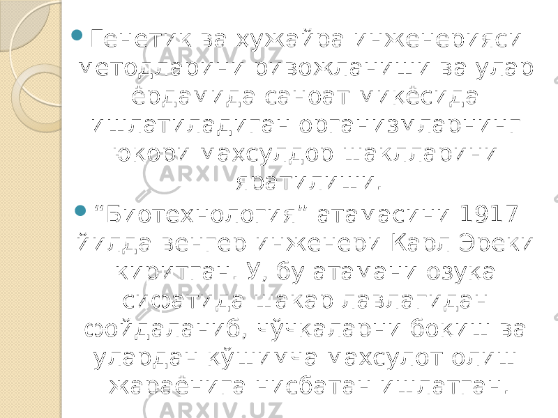  Генетик ва ҳужайра инженерияси методларини ривожланиши ва улар ёрдамида саноат миқёсида ишлатиладиган организмларнинг юқори маҳсулдор шаклларини яратилиши.  “ Биотехнология” атамасини 1917 йилда венгер инженери Карл Эреки киритган. У, бу атамани озуқа сифатида шакар лавлагидан фойдаланиб, чўчқаларни боқиш ва улардан қўшимча махсулот олиш жараёнига нисбатан ишлатган. 