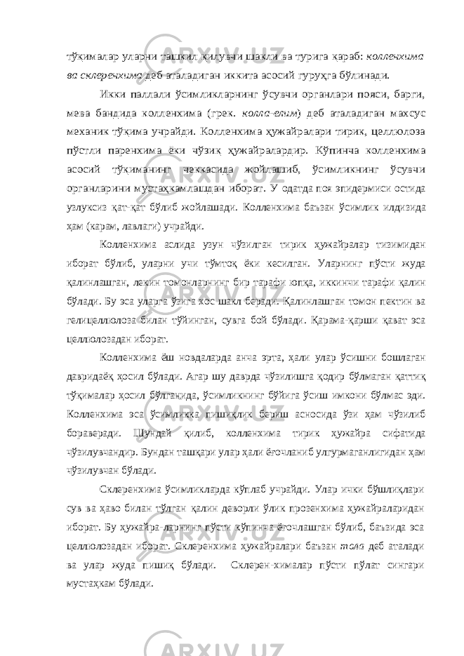 тўқималар уларни ташкил қилувчи шакли ва турига қараб: колленхима ва склеренхима деб аталадиган иккита асосий гуруҳга бўлинади. Икки паллали ўсимликларнинг ўсувчи органлари пояси, барги, мева бандида колленхима (грек. колла-елим ) деб аталадиган махсус механик тўқима учрайди. Колленхима ҳужайралари тирик, целлюлоза пўстли паренхима ёки чўзи қ ҳужайралардир. Кўпинча колленхима асосий тўқиманинг чеккасида жойлашиб, ўсимликнинг ўсувчи органларини мустаҳкамлашдан иборат. У одатда поя эпидермиси остида узлуксиз қ ат- қ ат бўлиб жойлашади. Колленхима баъзан ўсимлик илдизида ҳам (карам, лавлаги) учрайди. Колленхима аслида узун чўзилган тирик ҳужайралар тизимидан иборат бўлиб, уларни учи тўмтоқ ёки кесилган. Уларнинг пўсти жуда қалинлашган, лекин томонларнинг бир тарафи юпқа, иккинчи тарафи қалин бўлади. Бу эса уларга ўзига хос шакл беради. Қалинлашган томон пектин ва гелицеллюлоза билан тўйинган, сувга бой бўлади. Қарама-қарши қават эса целлюлозадан иборат. Колленхима ёш новдаларда анча эрта, ҳали улар ўсишни бошлаган давридаёқ ҳосил бўлади. Агар шу даврда чўзилишга қодир бўлмаган қаттиқ тўқималар ҳосил бўлганида, ўсимликнинг бўйига ўсиш имкони бўлмас эди. Колленхима эса ўсимликка пишиқлик бериш асносида ўзи ҳам чўзилиб бораверади. Шундай қилиб, колленхима тирик ҳужайра сифатида чўзилувчандир. Бундан ташқари улар ҳали ёғочланиб улгурмаганлигидан ҳам чўзилувчан бўлади. Склеренхима ўсимликларда кўплаб учрайди. Улар ички бўшлиқлари сув ва ҳаво билан тўлган қ алин деворли ўлик прозенхима ҳужайраларидан иборат. Бу ҳужайра-ларнинг пўсти кўпинча ёғочлашган бўлиб, баъзида эса целлюлозадан иборат. Склеренхима ҳужайралари баъзан тола деб аталади ва улар жуда пишиқ бўлади. Склерен-хималар пўсти пўлат сингари мустаҳкам бўлади. 