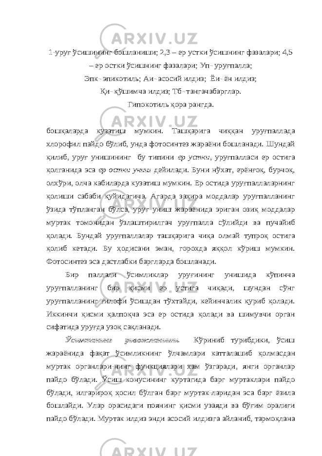 1-уруғ ўсишининг бошланиши; 2,3 – ер устки ўсишнинг фазалари; 4,5 – ер остки ўсишнинг фазалари; Уп- уруғпалла; Эпк- эпикотиль; Аи- асосий илдиз; Ёи- ён илдиз; Қи- қўшимча илдиз; Тб- тангачабарглар. Гипокотиль қора рангда. бошқаларда кузатиш мумкин. Ташқарига чиққан уруғпаллада хлорофил пайдо бўлиб, унда фотосинтез жараёни бошланади. Шундай қилиб, уруғ унишининг бу типини ер устки , уруғпалласи ер остига қолганида эса ер остки униш дейилади. Буни нўхат, ерёнғоқ, бурчоқ, олхўри, олча кабиларда кузатиш мумкин. Ер остида уруғпаллаларнинг қолиши сабаби қуйидагича. Агарда заҳира моддалар уруғпалланинг ўзида тўпланган бўлса, уруғ униш жараёнида эриган озиқ моддалар муртак томонидан ўзлаштирилгач уруғпалла сўлийди ва пучайиб қолади. Бундай уруғпаллалар ташқарига чиқа олмай тупроқ остига қолиб кетади. Бу ҳодисани эман, горохда яққол кўриш мумкин. Фотосинтез эса дастлабки баргларда бошланади. Бир паллали ўсимликлар уруғининг унишида кўпинча уруғпалланинг бир қисми ер устига чиқади, шундан сўнг уруғпалланинг ғилофи ўсишдан тўхтайди, кейинчалик қуриб қолади. Иккинчи қисми қалпоқча эса ер остида қолади ва шимувчи орган сифатида уруғда узоқ сақланади. Ўсимтанинг ривожланиши. Кўриниб турибдики, ўсиш жараёнида фақат ўсимликнинг ўлчамлари катталашиб қолмасдан муртак органлари-нинг функциялари ҳам ўзгаради, янги органлар пайдо бўлади. Ўсиш конусининг куртагида барг муртаклари пайдо бўлади, илгарироқ ҳосил бўлган барг муртак-ларидан эса барг ёзила бошлайди. Улар орасидаги поянинг қисми узаяди ва бўғим оралиғи пайдо бўлади. Муртак илдиз энди асосий илдизга айланиб, тармоқлана 