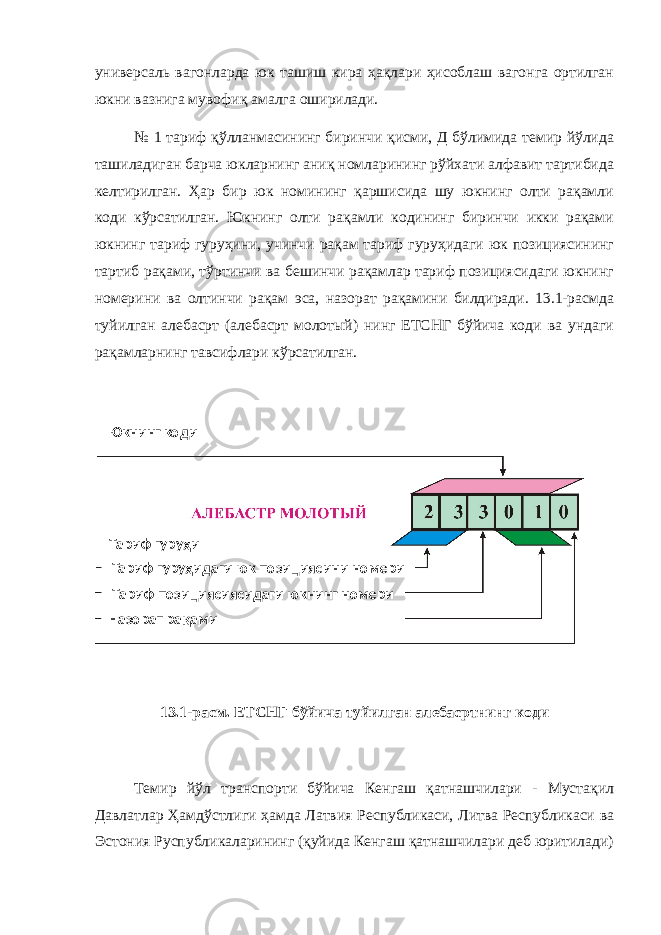 универсаль вагонларда юк ташиш кира ҳақлари ҳисоблаш вагонга ортилган юкни вазнига мувофиқ амалга оширилади. № 1 тариф қўлланмасининг биринчи қисми, Д бўлимида темир йўлида ташиладиган барча юкларнинг аниқ номларининг рўйхати алфавит тартибида келтирилган. Ҳар бир юк номининг қаршисида шу юкнинг олти рақамли коди кўрсатилган. Юкнинг олти рақамли кодининг биринчи икки рақами юкнинг тариф гуруҳини, учинчи рақам тариф гуруҳидаги юк позициясининг тартиб рақами, тўртинчи ва бешинчи рақамлар тариф позициясидаги юкнинг номерини ва олтинчи рақам эса, назорат рақамини билдиради. 13.1-расмда туйилган алебасрт (алебасрт молотый) нинг ЕТСНГ бўйича коди ва ундаги рақамларнинг тавсифлари кўрсатилган. 13.1-расм. ЕТСНГ бўйича туйилган алебасртнинг коди Темир йўл транспорти бўйича Кенгаш қатнашчилари - Мустақил Давлатлар Ҳамдўстлиги ҳамда Латвия Республикаси, Литва Республикаси ва Эстония Руспубликаларининг (қуйида Кенгаш қатнашчилари деб юритилади) Юкнинг коди Тариф гуруҳи Тариф гуруҳидаги юк позициясини номери Тариф позициясиясидаги юкнинг номери Назорат рақами 