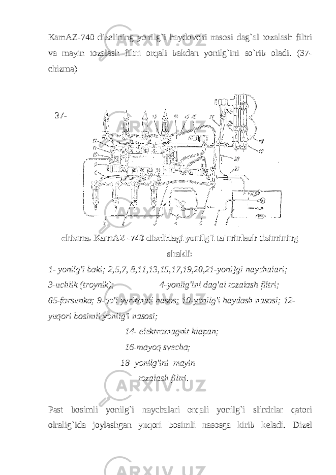 KamAZ-740 diz е lining yonilg`i haydovchi nasosi dag`al tozalash filtri va mayin tozalash filtri orqali bakdan yonilg`ini so`rib oladi. (37- chizma) 37- chizma. KamAZ -740 dizelidagi yonilg&#39;i ta&#39;minlash tizimining shakli: 1- yonilg&#39;i baki; 2,5,7, 8,11,13,15,17,19,20,21-yoni]gi naychalari; 3-uchlik (troynik); 4-yonilg&#39;ini dag&#39;al tozalash filtri; 65-forsunka; 9-qo&#39;l yuritmali nasos; 10-yonilg&#39;i haydash nasosi; 12- yuqori bosimli yonilg&#39;i nasosi; 14- elektromagnit klapan; 16-mayoq svecha; 18- yonilg&#39;ini mayin tozalash filtri. Past bosimli yonilg`i naychalari orqali yonilg`i slindrlar qatori olralig`ida joylashgan yuqori bosimli nasosga kirib k е ladi. Diz е l 