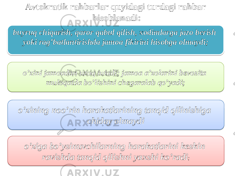 Avtokratik rahbarlar quyidagi turdagi rahbar hisoblanadi: buyruq chiqarish, qaror qabul qilish, xodimlarga jazo berish yoki rag’batlantirishda jamoa fikirini hisobga olmaydi; o’zini jamoadan uzoq tutadi; jamoa a’zolarini bevosita muloqatda bo’lishini chegaralab qo’yadi; o’zining noo’rin harakatlarining tanqid qilinishiga chiday olmaydi o’ziga bo’ysinuvchilarning harakatlarini keskin ravishda tanqid qilishni yaxshi ko’radi ;01020304 03 0D17 11 0D 070809 0D17 040A 01 