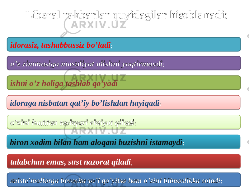 Liberal rahbarlar quyidagilar hisoblanadi: idorasiz, tashabbussiz bo’ladi ; o’z zimmasiga masuliyat olishni yoqtirmaydi ; ishni o’z holiga tashlab qo’yadi idoraga nisbatan qat’iy bo’lishdan hayiqadi ; o’zini haddan tashqari ehtiyot qiladi ; biron xodim bilan ham aloqani buzishni istamaydi ; talabchan emas, sust nazorat qiladi ; suiste’mollarga bevosita yo’l qo’yilsa ham o’zini bilmaslikka soladi ;09 01 0D 01 0109 01 18 01 