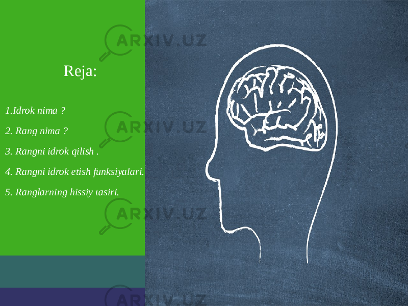 Reja: 1.Idrok nima ? 2. Rang nima ? 3. Rangni idrok qilish . 4. Rangni idrok etish funksiyalari. 5. Ranglarning hissiy tasiri. 