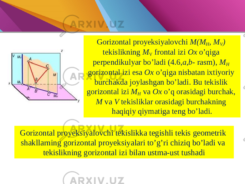 Gorizontal proyeksiyalovchi tekislikka tegishli tekis geometrik shakllarning gorizontal proyeksiyalari to’g’ri chiziq bo’ladi va tekislikning gorizontal izi bilan ustma-ust tushadi Gorizontal proyeksiyalovchi M(M H , M V ) tekislikning M V frontal izi Ox o’qiga perpendikulyar bo’ladi (4.6, a,b- rasm), M H gorizontal izi esa Ox o’qiga nisbatan ixtiyoriy burchakda joylashgan bo’ladi. Bu tekislik gorizontal izi M H va Ox o’q orasidagi burchak, M va V tekisliklar orasidagi burchakning haqiqiy qiymatiga teng bo’ladi. 