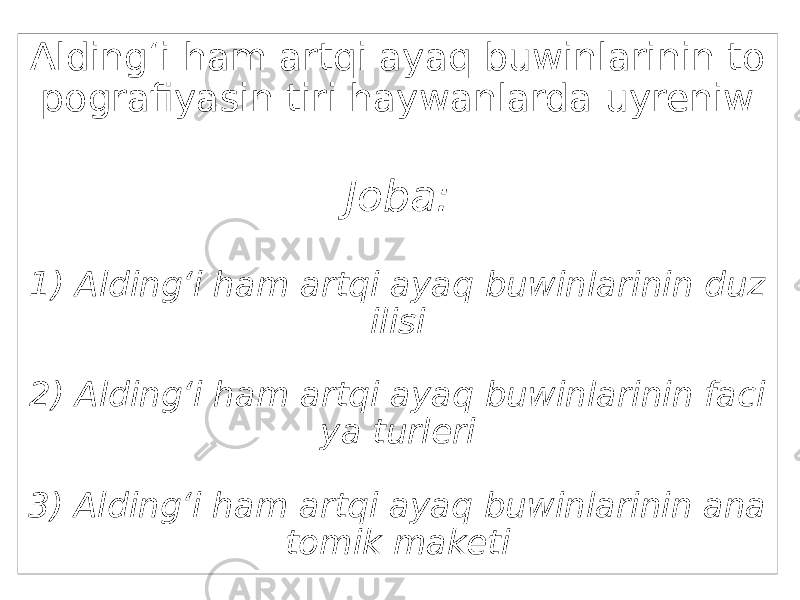 Aldingʻi ham artqi ayaq buwinlarinin to pografiyasin tiri haywanlarda uyreniw Joba: 1) Aldingʻi ham artqi ayaq buwinlarinin duz ilisi 2) Aldingʻi ham artqi ayaq buwinlarinin faci ya turleri 3) Aldingʻi ham artqi ayaq buwinlarinin ana tomik maketi 