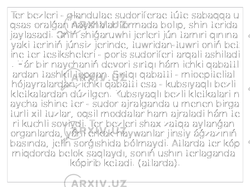 Ter bezleri - glandulae sudoriferae túte sabaqqa u qsas oralǵan nayshalar formada bolıp, shin terida jaylasadi. Oniń shiǵaruwhi jerleri jún tamıri qınına yaki teriniń júnsiz jerinde, tuwridan-tuwri oniń bet ine ter tesiksheleri - poris sudoriferi arqali ashiladi . Hár bir naychaniń devori sırtqı hám ichki qabattl ardan tashkil topgan. Sırtqı qabatti - mioepitelial hójayralardan; ichki qabatti esa - kubsıyaqlı bezli kletkalardan dúzilgen. Kubsıyaqlı bezli kletkalari n aycha ishine ter - sudor ajralganda u menen birga turli xil tuzlar, oqsil moddalar ham ajraladi hám te ri kuchli soviydi. Ter bezleri shax zatqa aylanǵan organlarda, yáni erkak haywanlar jinsiy áǵzazınıń basında, jelin sorǵıshida bólmaydi. Atlarda ter kóp miqdorda belok saqlaydı, sonıń ushın terlaganda kópirib ketadi. (atlarda). 