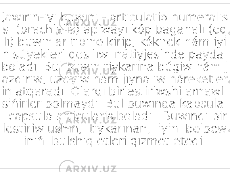 Jawırın-iyi buwını - articulatio humeralis s. (brachialis) ápiwayı kóp baganalı (oq lı) buwınlar tipine kirip, kókirek hám iyi n súyekleri qosılıwı nátiyjesinde payda boladı. Bul buwın tiykarına búgiw hám j azdırıw, uzayıw hám jıynalıw háreketler in atqaradı. Olardı birlestiriwshi arnawlı sińirler bolmaydı. Bul buwında kapsula –capsula articularis boladı. Buwındı bir lestiriw ushın, tiykarınan, iyin belbew iniń bulshıq etleri qızmet etedi. 