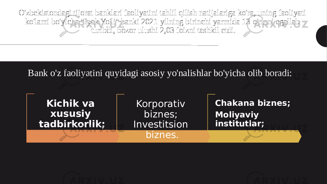 O&#39;zbekistondagi tijorat banklari faoliyatini tahlil qilish natijalariga ko&#39;ra, uning faoliyati ko&#39;lami bo&#39;yicha &#34;Ipak Yo&#39;li&#34; banki 2021-yilning birinchi yarmida 13-o&#39;rinni egallab turibdi, bozor ulushi 2,03 foizni tashkil etdi. Kichik va xususiy tadbirkorlik; Korporativ biznes; Investitsion biznes. Chakana biznes; Moliyaviy institutlar;Bank o&#39;z faoliyatini quyidagi asosiy yo&#39;nalishlar bo&#39;yicha olib boradi: 