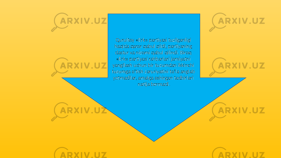 Qurultoy «Erk» partiyasi tuzilganligi haqida qaror qabul qildi, partiyaning dastur va nizomi qabul qilindi. Biroq «Erk» partiyasi rahbarlari jamiyatni yangilash uchun bir tuzumdan ikkinchi tuzumga o’tish zaruriyatini to’la anglab yetmadilar, amalga oshirgan tadbirlari natija bermadi. 