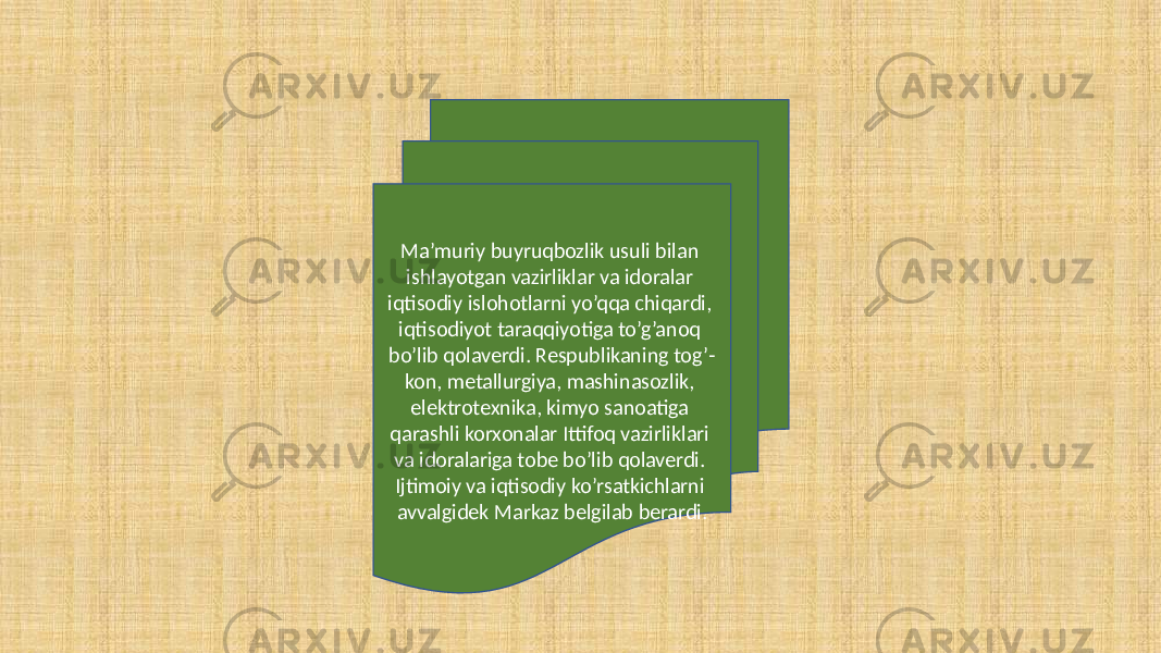 Ma’muriy buyruqbozlik usuli bilan ishlayotgan vazirliklar va idoralar iqtisodiy islohotlarni yo’qqa chiqardi, iqtisodiyot taraqqiyotiga to’g’anoq bo’lib qolaverdi. Respublikaning tog’- kon, metallurgiya, mashinasozlik, elektrotexnika, kimyo sanoatiga qarashli korxonalar Ittifoq vazirliklari va idoralariga tobe bo’lib qolaverdi. Ijtimoiy va iqtisodiy ko’rsatkichlarni avvalgidek Markaz belgilab berardi. 