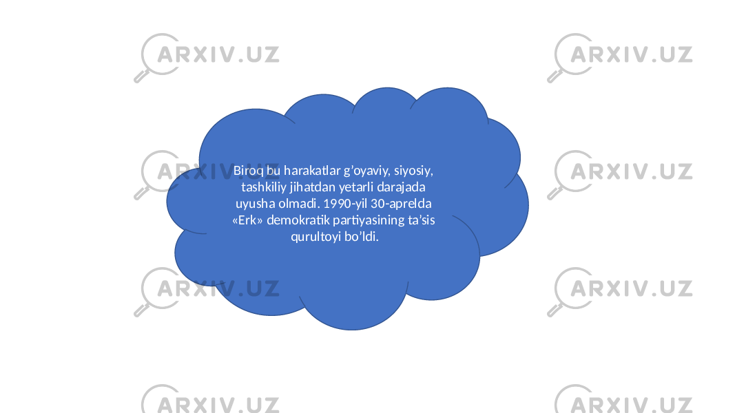 Biroq bu harakatlar g’oyaviy, siyosiy, tashkiliy jihatdan yetarli darajada uyusha olmadi. 1990-yil 30-aprelda «Erk» demokratik partiyasining ta’sis qurultoyi bo’ldi. 