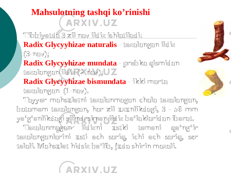 Mahsulotning tashqi ko’rinishi Tibbiyotda 3 xil nav ildiz ishlatiladi: Radix Glycyyhizae naturalis - tozalangan ildiz (3-nav); Radix Glycyyhizae mundata - probka qismidan tozalangan ildiz (2-nav); Radix Glycyyhizae bismundata - ikki marta tozalangan (1-nav). Tayyor mahsulotni tozalanmagan chala tozalangan, batamom tozalangan, har xil uzunlikdagi, 3 - 50 mm yo’g’onlikdagi silindrsimon ildiz bo’laklaridan iborat. Tozalanmagan ildizni ustki tomoni qo’ng’ir tozalanganlarini usti och sariq, ichi och sariq, sеr tolali. Mahsulot hidsiz bo’lib, juda shirin mazali. 