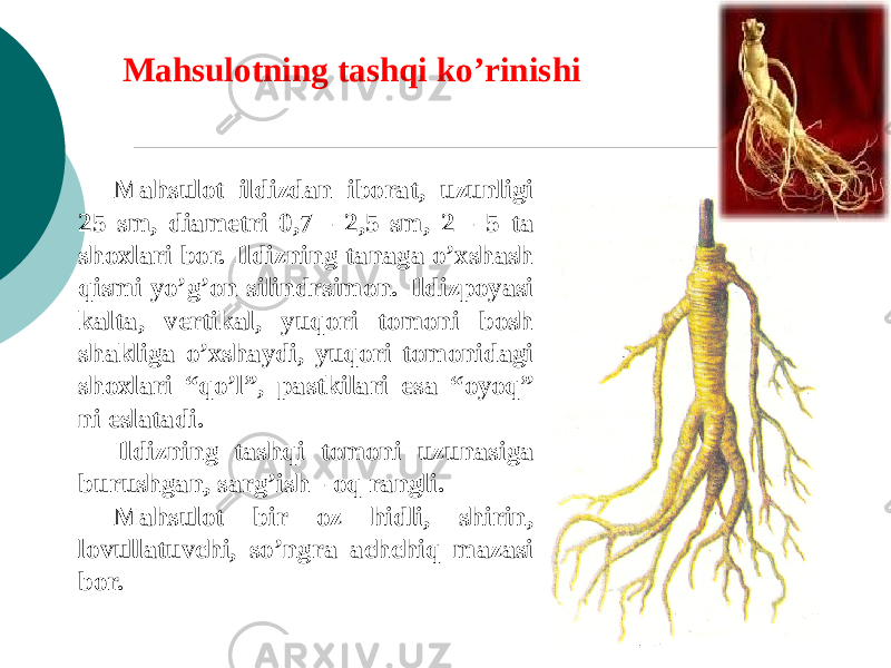 Mahsulot ildizdan iborat, uzunligi 25 sm, diamеtri 0,7 - 2,5 sm, 2 - 5 ta shoxlari bor. Ildizning tanaga o’xshash qismi yo’g’on silindrsimon. Ildizpoyasi kalta, vеrtikal, yuqori tomoni bosh shakliga o’xshaydi, yuqori tomonidagi shoxlari “qo’l”, pastkilari esa “oyoq” ni eslatadi. Ildizning tashqi tomoni uzunasiga burushgan, sarg’ish - oq rangli. Mahsulot bir oz hidli, shirin, lovullatuvchi, so’ngra achchiq mazasi bor. Mahsulotning tashqi ko’rinishi 