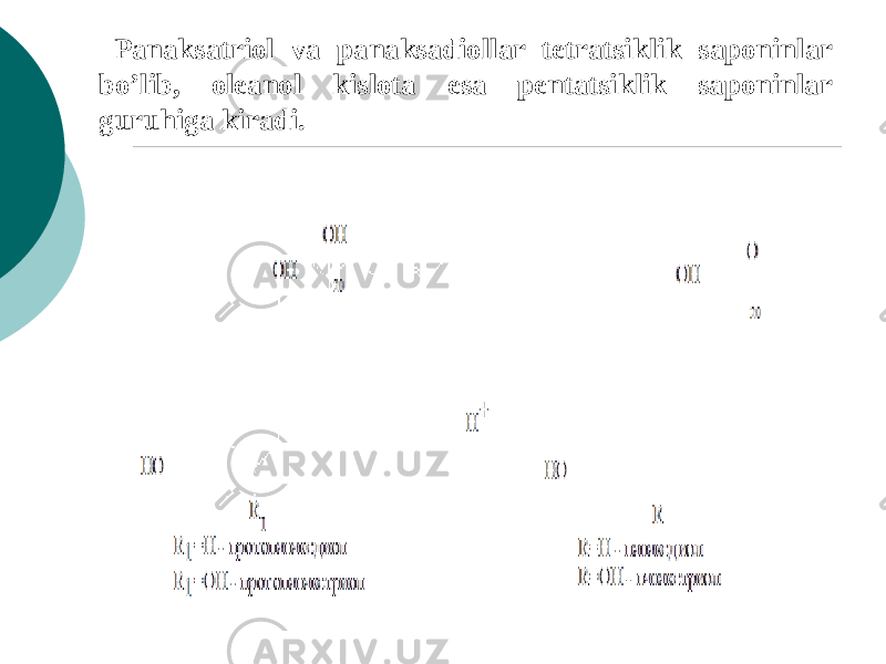  Panaksatriol va panaksadiollar tеtratsiklik saponinlar bo’lib, olеanol kislota esa pеntatsiklik saponinlar guruhiga kiradi. 