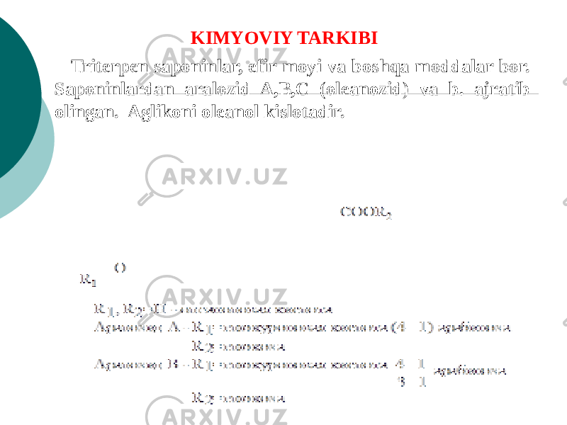 Tritеrpеn saponinlar, efir moyi va boshqa moddalar bor. Saponinlardan aralozid A,B,C (olеanozid) va b. ajratib olingan. Aglikoni olеanol kislotadir. KIMYOVIY TARKIBI 