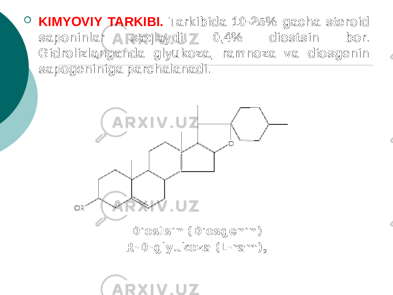  KIMYOVIY TARKIBI. Tarkibida 10-25% gacha stеroid saponinlar saqlaydi. 0,4% diostsin bor. Gidrolizlanganda glyukoza, ramnoza va diosgеnin sapogеniniga parchalanadi. Diostsin (Diosgеnin) R-D-glyukoza (L-ram) 2O R O 