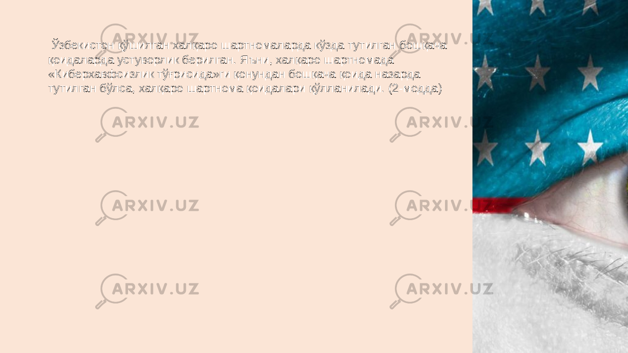   Ўзбекистон қўшилган халқаро шартномаларда кўзда тутилган бошқача қоидаларда устуворлик берилган. Яъни, халқаро шартномада «Киберхавфсизлик тўғрисида»ги қонундан бошқача қоида назарда тутилган бўлса, халқаро шартнома қоидалари қўлланилади. (2-модда) 