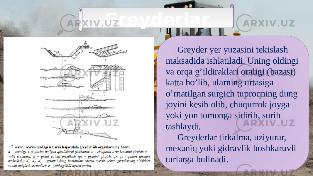 Greyderlar Greyder yer yuzasini tekislash maksadida ishlatiladi. Uning oldingi va orqa g’ildiraklari oraligi (bazasi) katta bo’lib, ularning urtasiga o’rnatilgan surgich tuproqning dung joyini kesib olib, chuqurrok joyga yoki yon tomonga sidirib, surib tashlaydi. Greyderlar tirkalma, uziyurar, mexaniq yoki gidravlik boshkaruvli turlarga bulinadi. 