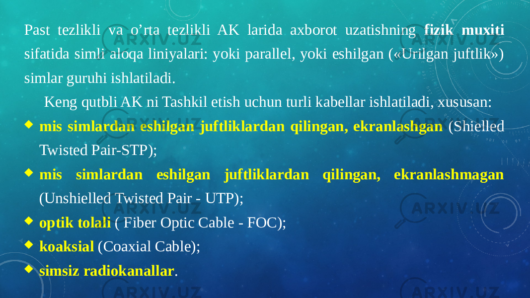 Past tezlikli va o’rta tezlikli AK larida axborot uzatishning fizik muxiti sifatida simli aloqa liniyalari: yoki parallel, yoki eshilgan («Urilgan juftlik») simlar guruhi ishlatiladi. Keng qutbli AK ni Tashkil etish uchun turli kabellar ishlatiladi, xususan:  mis simlardan eshilgan juftliklardan qilingan, ekranlashgan (Shielled Twisted Pair-STP);  mis simlardan eshilgan juftliklardan qilingan, ekranlashmagan (Unshielled Twisted Pair - UTP);  optik tolali ( Fiber Optic Cable - FOC);  koaksial (Coaxial Cable);  simsiz radiokanallar . 