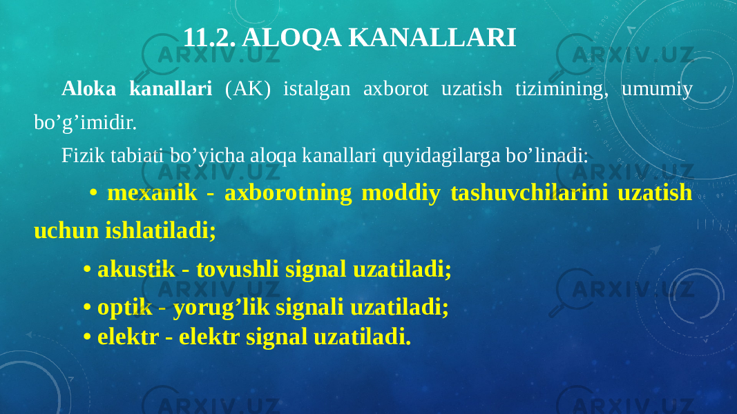 11.2. ALOQA KANALLARI Aloka kanallari (AK) istalgan axborot uzatish tizimining, umumiy bo’g’imidir. Fizik tabiati bo’yicha aloqa kanallari quyidagilarga bo’linadi:      • mexanik - axborotning moddiy tashuvchilarini uzatish uchun ishlatiladi;         • akustik - tovushli signal uzatiladi;         • optik - yorug’lik signali uzatiladi;         • elektr - elektr signal uzatiladi. 