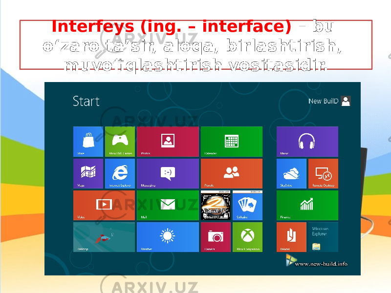 Interfeys (ing. – interface) – bu o‘zaro ta’sir, aloqa, birlashtirish, muvofiqlashtirish vositasidir. 