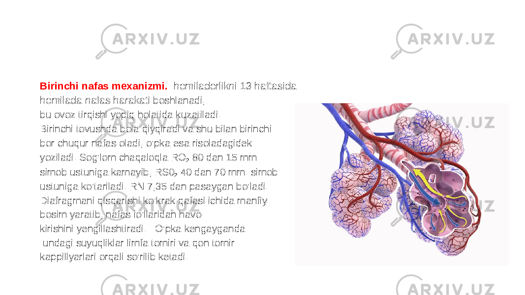 Birinchi nafas mexanizmi. homiladorlikni 13 haftasida homilada nafas harakati boshlanadi, bu ovoz tirqishi yopiq holatida kuzatiladi. Birinchi tovushda bola qiyqiradi va shu bilan birinchi bor chuqur nafas oladi, o’pka esa risoladagidek yoziladi. Sog’lom chaqaloqla RO 2 80 dan 15 mm simob ustuniga kamayib, RS0 2 40 dan 70 mm. simob ustuniga ko’tariladi. RN 7,35 dan pasaygan bo’ladi. Diafragmani qisqarishi ko’krak qafasi ichida manfiy bosim yaratib, nafas io’llaridan havo kirishini yengillashtiradi. O’pka kengayganda undagi suyuqliklar limfa tomiri va qon tomir kappillyarlari orqali so’rilib ketadi. 