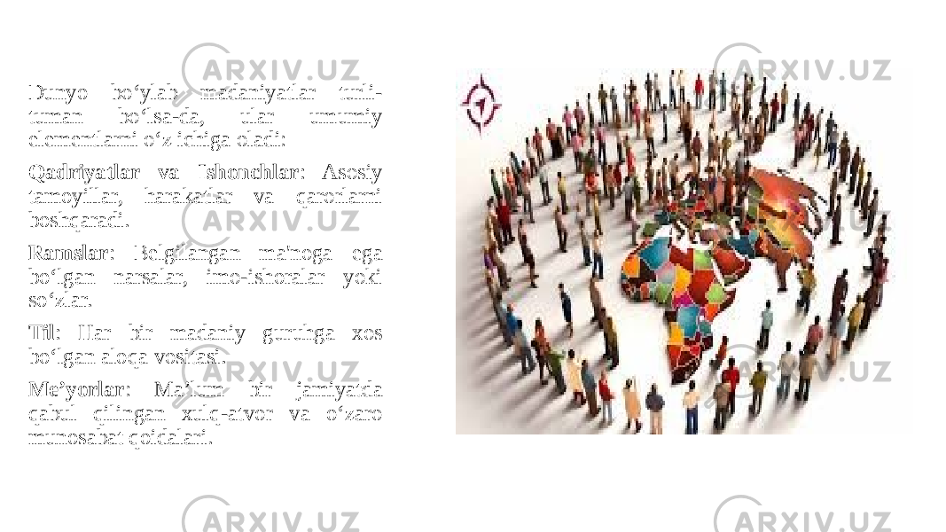 Dunyo bo‘ylab madaniyatlar turli- tuman bo‘lsa-da, ular umumiy elementlarni o‘z ichiga oladi: Qadriyatlar va Ishonchlar : Asosiy tamoyillar, harakatlar va qarorlarni boshqaradi. Ramslar : Belgilangan ma&#39;noga ega bo‘lgan narsalar, imo-ishoralar yoki so‘zlar. Til : Har bir madaniy guruhga xos bo‘lgan aloqa vositasi. Me’yorlar : Ma’lum bir jamiyatda qabul qilingan xulq-atvor va o‘zaro munosabat qoidalari. 