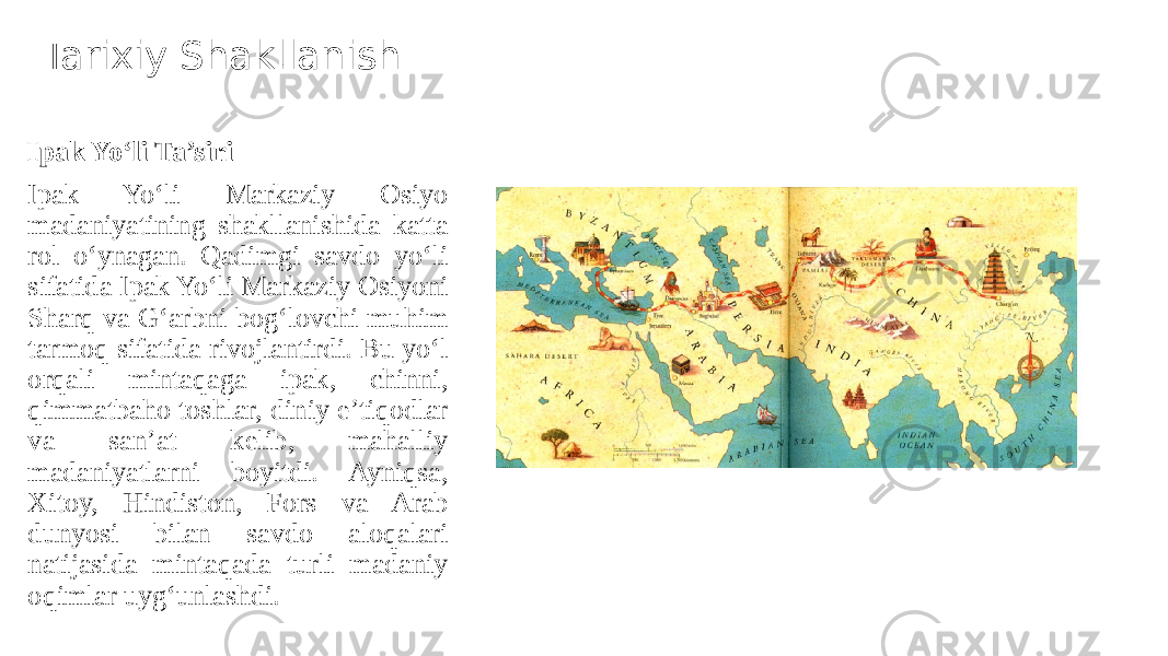 Tarixiy Shakllanish Ipak Yo‘li Ta’siri Ipak Yo‘li Markaziy Osiyo madaniyatining shakllanishida katta rol o‘ynagan. Qadimgi savdo yo‘li sifatida Ipak Yo‘li Markaziy Osiyoni Sharq va G‘arbni bog‘lovchi muhim tarmoq sifatida rivojlantirdi. Bu yo‘l orqali mintaqaga ipak, chinni, qimmatbaho toshlar, diniy e’tiqodlar va san’at kelib, mahalliy madaniyatlarni boyitdi. Ayniqsa, Xitoy, Hindiston, Fors va Arab dunyosi bilan savdo aloqalari natijasida mintaqada turli madaniy oqimlar uyg‘unlashdi. 